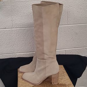 SAM EDELMAN Olly Knee High Tall Suede Boot Heel Tan Sesame